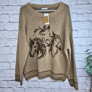 NWT Blu Pepper Horse Knit Sweater L Oversized Western Boho Equestrian Flecked thumbnail 4