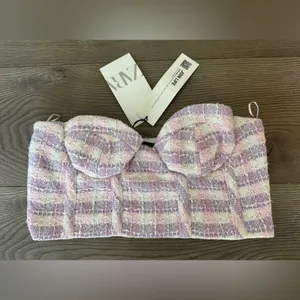 NEW! Zara Small Top Bustier Corset Crop‎ Top Tweed Plaid Pink Purple thumbnail 3