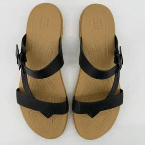 Crocs Tulum Toe Post Sandal Black Tan Women 11 Strappy Slip On Flip Flop Buckle thumbnail 3
