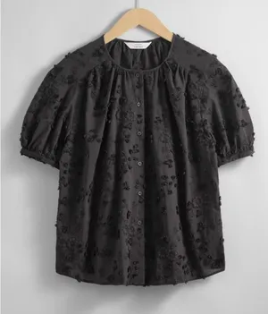 & Other Stories Black Floral Embroidered Puff Sleeve Oversized Blouse Top US 6 thumbnail 1