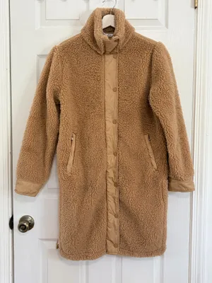 Athleta Sherpa Teddy Coat XS Camel Longline Cozy Minimalist Quiet Luxury Winter thumbnail 2