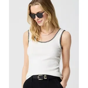 J Crew‎ Top Womens XXS Navy Blue Ribbed Knit Blanket Stitch Trim Tank CJ076 thumbnail 5