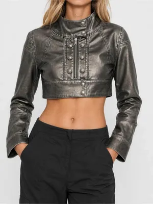 JADED LONDON Alektra Military Faux Leather Crop Jacket, Metallic Black, Medium thumbnail 2