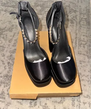 New Black Satin Platform Heels with Jeweled Ankle Strap size 36 (6) thumbnail 1