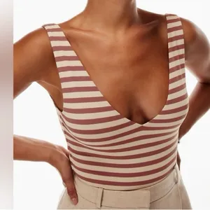 Babaton Aritzia Contour Striped Mauve Cream Double V-Neck‎ G String Bodysuit thumbnail 2