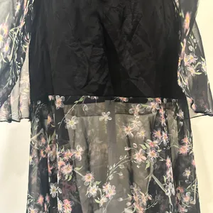 VTG 60-70s Black Chiffon Tiered Midi Dress Pink Floral Coquette Fairy Cottage XS thumbnail 9