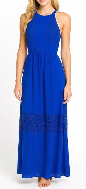 Altard State Royal Blue Crochet Lace Mala Maxi Dress Halter Neck Elastic Waist S thumbnail 1