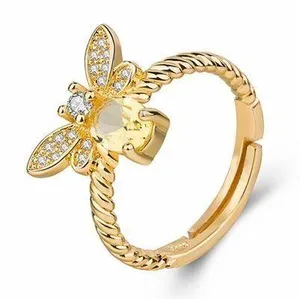18K Gold Plated Adjustable Yellow Crystsl Honey Bee Ring for Women thumbnail 1