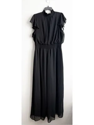 MSK Chiffon Smocked-Trim Flutter-Sleeve Wide-Leg Jumpsuit in Black, Size XL, NWT thumbnail 4