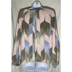 Chico's Worthington Women Medium Blouse Top Long Sleeve Tie Neck Abstract Pink Blue Tap thumbnail 2