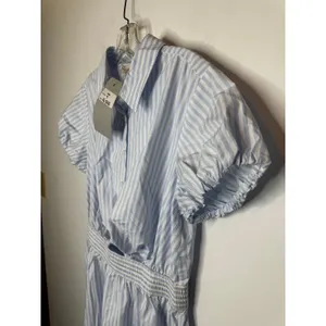 Loft Blue White Striped Midi Dress Puff Sleeve Button Front Tie Waist Size S thumbnail 5