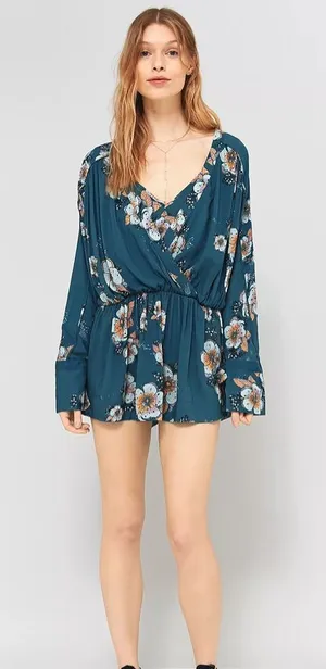 Free People Tuscan Dream Floral Tunic Dress V neck Blouse Teal Long Sleeve Femme thumbnail 1
