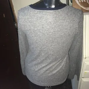 Lucky Brand navy and white thin strip bell sleeve soft S blouse thumbnail 3