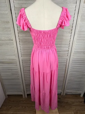 BY THE RIVER (Anthropologie) Boho Smocked Tiered Maxi Dress w Eyelet Hem Pink-L thumbnail 3