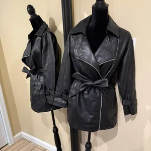 Faux leather jacket pu leather coat trench parka fall coat motorcycle jacket Black Size XS thumbnail 1