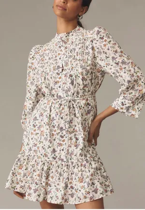 English Factory Floral Pintuck Smocked Mini Dress, Size M thumbnail 1