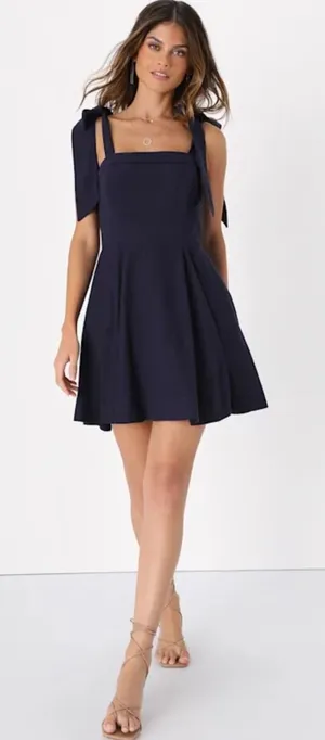 Lulus Navy Blue‎ Linen Blend Tie Shoulder Fit Flare Mini Dress Large NWT New thumbnail 1