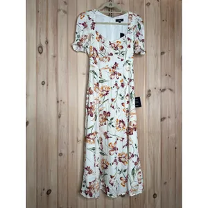NWT Lulus Parisian Picnic Cream Floral Jacquard Puff Sleeve Midi Dress Resort S thumbnail 2