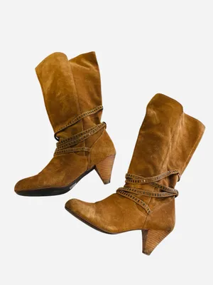 EXPRESS Suede Studded Strappy Cone Heel Boots Brown Sz 10 90’s, Y2K, Carmel thumbnail 7
