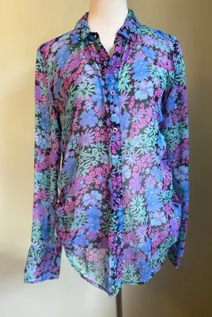 Free People Floral Ruched Side Button Down Shirt Purple Blue Small boho whimsi‎ thumbnail 1