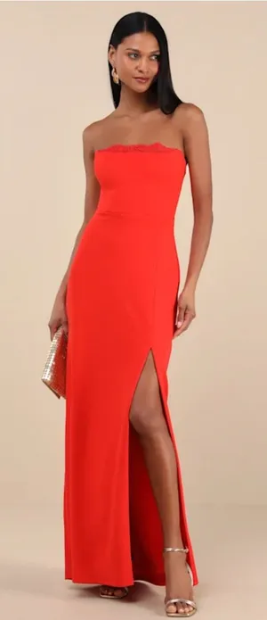 Lulus Memorably Iconic Red Strapless Lace Bustier Maxi Dress thumbnail 1