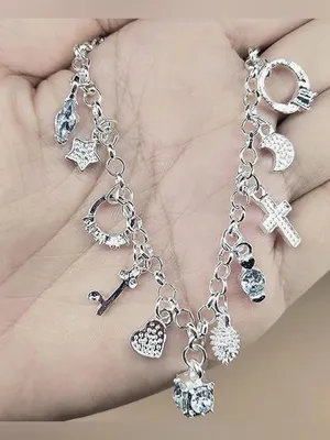 Sterling Silver Stamped 925 Charm Bracelet - Silver Heart & Cross Charms thumbnail 4