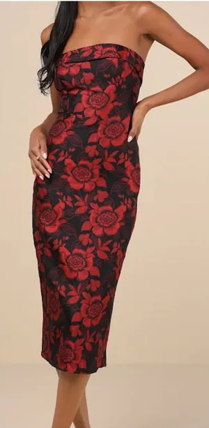 NWOT Lulus Polished Muse Black and Red Jacquard Strapless Midi Dress thumbnail 1