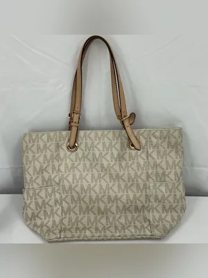 Michael Kors Beige Logo MK Tote with Tan Leather Straps D23 thumbnail 4