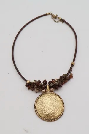 Hammered Gold Medallion Beaded Cord Necklace Brown Boho Statement thumbnail 1