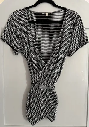 7 For All Seven Mankind Wrap Top Women L Black White Stripe Pima Cotton Tie thumbnail 2