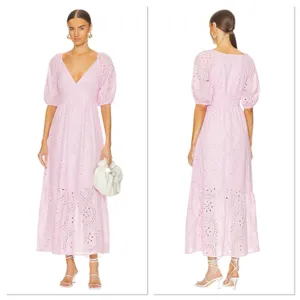 Sanctuary Pink Eyelet Maxi Dress Puff Sleeve Tiered Cotton Blend Size 6 V Neck thumbnail 2