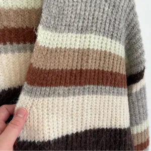 A NEW DAY Striped Open Front Cardigan Gray Cream Tan Brown Long Heavy Sweater M thumbnail 6