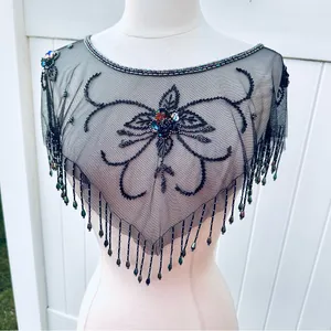 Vintage Beaded Black Mesh Caplet Collar Scarf with Fringe & Sequins thumbnail 5