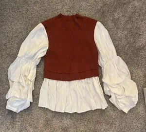 Rust Brown Ribbed Mock Neck Sweater Vest with White Peplum Blouse thumbnail 1