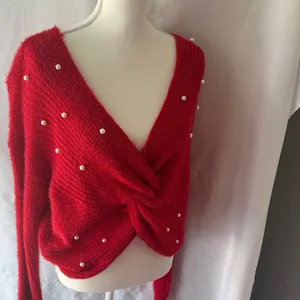 No Boundaries Red Off-the-Shoulder Sweater with Pearl Details thumbnail 2