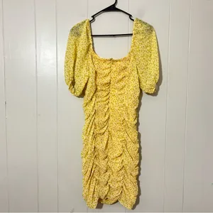 All In Favor Sasha Floral Ruched Mini Dress Yellow Puff Sleeve L NWT thumbnail 7