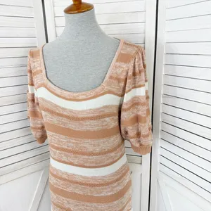 Amour Vert‎ Vivienne Striped Knit Sweater Dress Tan White Large Puff Sleeve Midi thumbnail 7