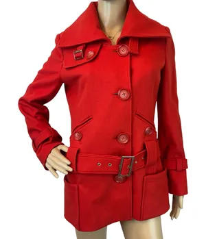 Red Wool Blend‎ Belted Peacoat Jacket with Wide Collar and Oversized Buttons S thumbnail 1