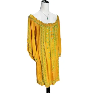 Poupette St. Barth Yellow Embroidered Off Shoulder‎ Smocked Resort Mini Dress thumbnail 3
