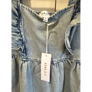 Gilli Denim boho fairy Ruffle Square Neck Smocked Babydoll Dress Blue Size S New thumbnail 7