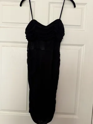 Women's Black Ruched Mesh Mini Dress - Elegant Evening Spaghetti Strap thumbnail 2