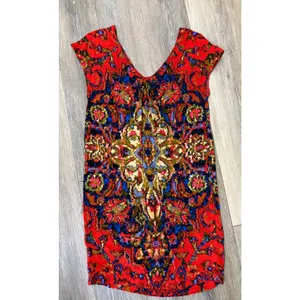 Maeve Anthropologie Dress XS Red Tunic Abstract Print V Neck Mini thumbnail 2