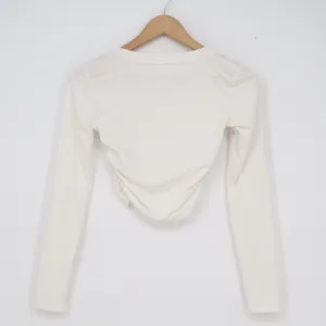 SHEIN Womens Off White V-Neck Ruched Long Sleeve Crop Top Size XS thumbnail 4