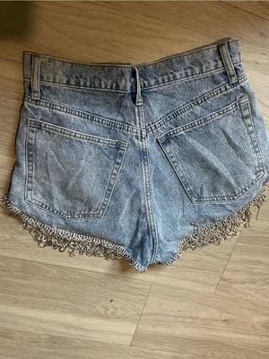 Twelve by Twelve Light Blue Denim Shorts with Silver Beaded Fringe thumbnail 3