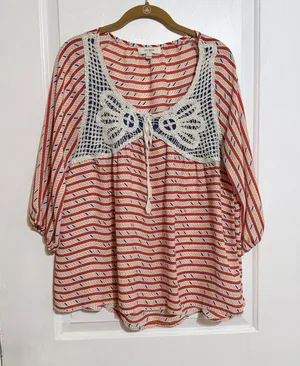 Umgee Red & Navy Striped Crochet-Yoke Peasant Top large thumbnail 1