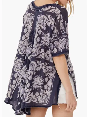 EUC Free People No Matter What High/Low Paisley Top Blue Oversized Small thumbnail 2