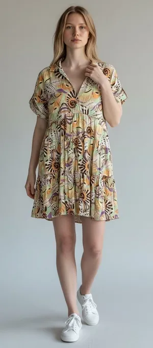 Uncle Frank Unique Print Collared Short Sleeve Tiered Mini Dress. ‎ S /M thumbnail 1