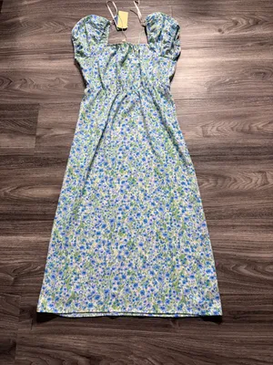 Monteau Blue & Green Floral Midi Dress with Puff Sleeves thumbnail 11