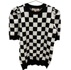 Boutique Short Puff Sleeve Checker Sweater thumbnail 1
