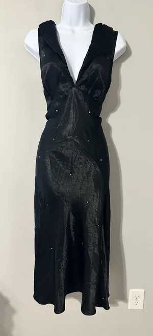 NIGHT Birger et Mikkelsen Black V-Neck‎ Rhinestone Midi Cocktail Dress US 10 thumbnail 1